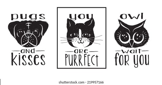 Pet Labels - Monochrome pug, cat and owl ink tags and messages with wordplay, hand drawn silhouettes