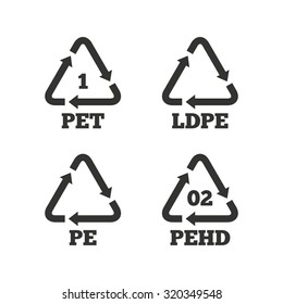 PET, Ld-pe and Hd-pe icons. High-density Polyethylene terephthalate sign. Recycling symbol. Flat icons on white. Vector