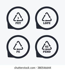 PET, Ld-pe And Hd-pe Icons. High-density Polyethylene Terephthalate Sign. Recycling Symbol. Flat Icon Pointers.