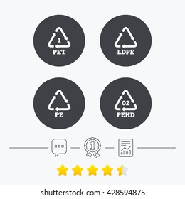 PET, Ld-pe and Hd-pe icons. High-density Polyethylene terephthalate sign. Recycling symbol. Chat, award medal and report linear icons. Star vote ranking. Vector