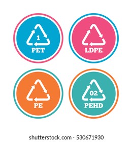 PET, Ld-pe And Hd-pe Icons. High-density Polyethylene Terephthalate Sign. Recycling Symbol. Colored Circle Buttons. Vector