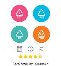 PET, Ld-pe and Hd-pe icons. High-density Polyethylene terephthalate sign. Recycling symbol. Calendar, cogwheel and report linear icons. Star vote ranking. Vector
