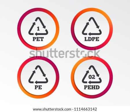 PET, Ld-pe and Hd-pe icons. High-density Polyethylene terephthalate sign. Recycling symbol. Infographic design buttons. Circle templates. Vector