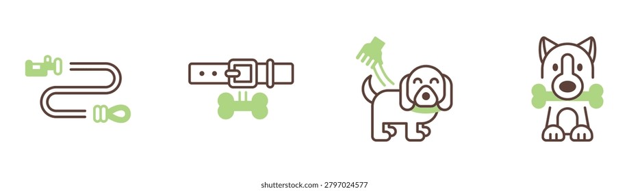 Pet Leash and Collar Icon Collection Featuring Dog Walking Activities and Interactive Playtime Moments