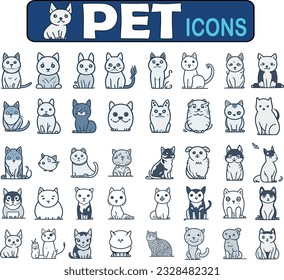 Pet Line Art icon set. Containing dog, cat, puppy, animals symbol. Animal care. Vector illustration.