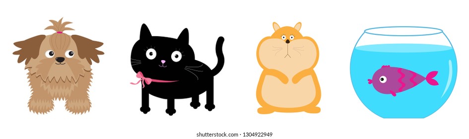 Pet line set. Cat, dog, fish, hamster. Cute cartoon kawaii funny baby character. White background. Isolated Flat design. Vector illustration