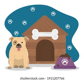 pet little dog house and bowl with food vector illustration