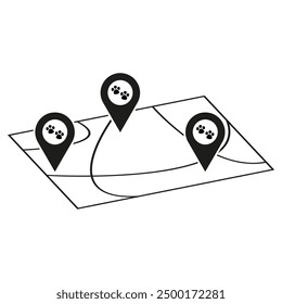 Pet Location Map. Animal Tracker Icons. Veterinary GPS Navigation. Vector Illustration.