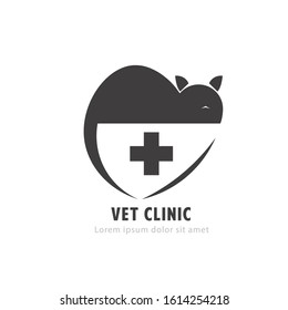 Pet logo with cat silhouette and medical cross. Set of veterinary clinic brands. Vet clinic or animal care concepts and clean logos. Vector illusutration in flat design