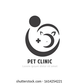 Pet logo with cat silhouette and medical cross. Set of veterinary clinic brands. Vet clinic or animal care concepts and clean logos. Vector illusutration in flat design