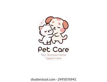 Pet logo design, Cute puppy hugs cat logo illustration design Pet care logo for packaging design, Cute Pet Lovers Cat and Dog editable vector Logo Design