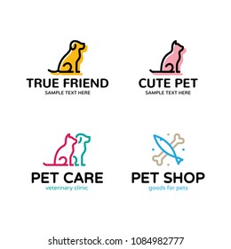 Pet logo design template set. Vector cat, dog, fish sign and symbol collection. Animal friend illustration isolated on background. Modern care and goods label badge for veterinary clinic, zoo, petfood