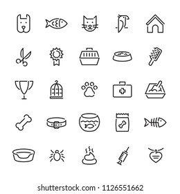 Pet logo design template set. Vector veterinary sign and symbol collection. Thin line web icon illustration on background. Linear pictograms of animal, paw, collar, grooming, mite, poo, food and more