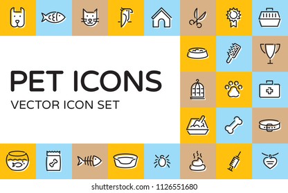 Pet logo design template set. Vector veterinary sign and symbol collection. Thin line web icon illustration on background. Linear pictograms of animal, paw, collar, grooming, mite, poo, food and more