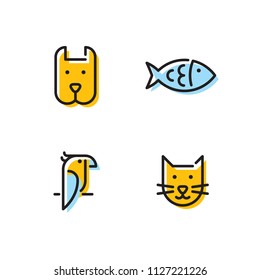 Pet logo design template set. Vector cat, dog, fish, bird sign and symbol collection. Animal friend illustration isolated on background. Modern care and goods label for veterinary clinic, zoo, petfood