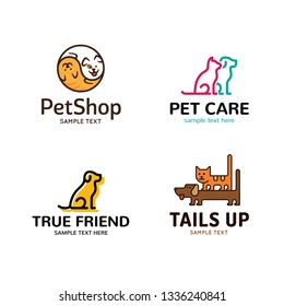 Pet logo design template set. Vector cat and dog symbol collection. Animal friend illustration background. Modern care and goods label for veterinary clinic, petfood, hospital, shelter, donation
