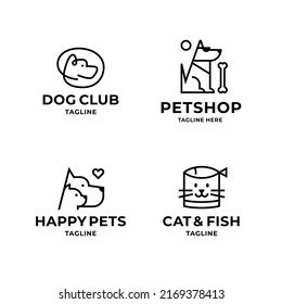 Pet logo design template set. Modern care and goods label for animal food, vet clinic, food, etc. Cute dog, cat and fish sign and symbol collection. Creative linear illustration isolated on background