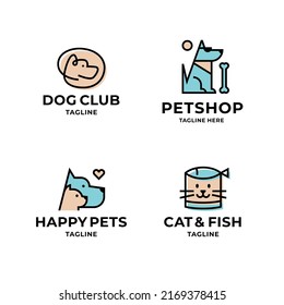 Pet logo design template set. Graphic dog, cat and fish sign and symbol collection. Cute linear illustration isolated on background. Modern care and goods label for animal food, vet clinic, food, etc