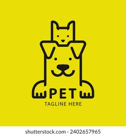 Pet Logo design vector template Linear style. minimalist monoline lineart outline dog cat icon logo design on yellow background.