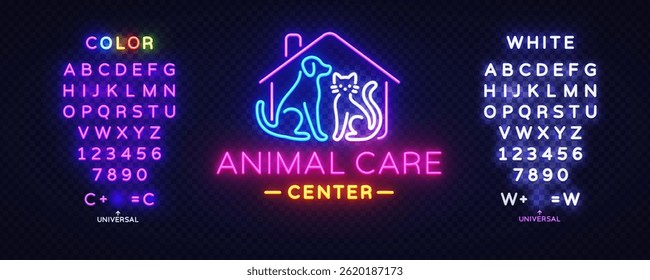 Pet logo with dog, cat, neon, animal, and shop elements featuring the text Animal Care Center. Glowing house outline and colorful lettering on dark brick background.