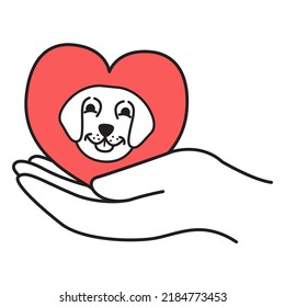 Pet logo.Dog shelter.Pet care.Puppy to human hand.Hand drawn doodle.Isolated on white background. Outline vector illustration.
