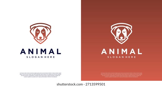 Pet logo with a shield concept and dog silhouette, caring, adoption, vector graphic illustration.