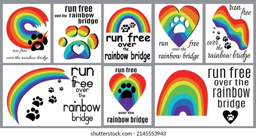 Pet Loss Card Set, Run Free Over The Rainbow Bridge Vector Illustration For Design