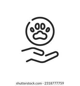 Pet Love and Care Icon. Vector Outline Editable Sign of Caring Hand Holding a Paw Symbolizing Animal Welfare and Animal Protection. 