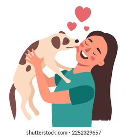 Pet Love. Dog licking girl's face, flat vector illustration