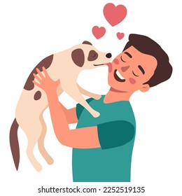 Pet Love. Dog licking man's face, flat vector illustration