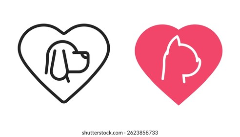 Pet love heart icon line stroke simple logo graphic illustration set, dog puppy health care support shape silhouette, veterinary clinic sign symbol idea image clip art