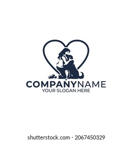 Pet love logo; artwork that combines a woman hugging a dog in a loving frame