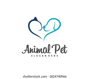 Pet Love Logo dog cat design vector template. Animals Veterinary clinic Logotype concept outline icon.