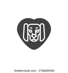 Pet love vector icon. Animal care filled flat sign for mobile concept and web design. Heart with dog glyph icon. Pet shop symbol, logo illustration. Vector graphics