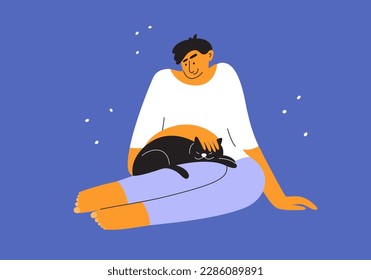 Pet love vector illustration. Man petting black cat. Sleeping kitty laying on owner legs. Smiling male sitting holding domestic animal. Feline dream, cat shelter, pets care. Happy boy and furry friend