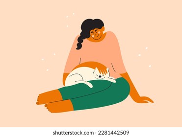 Pet love vector illustration. Young woman petting white cat. Sleeping kitty laying on owner legs. Smiling girl sitting holding domestic animal. Feline dream, cat shelter, pets care, happy furry friend