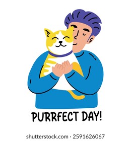 Pet lover flat sticker with purrfect day typography