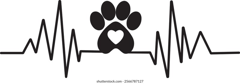 Pet lover heartbeat design featuring paw print and hearts for cat and dog fans