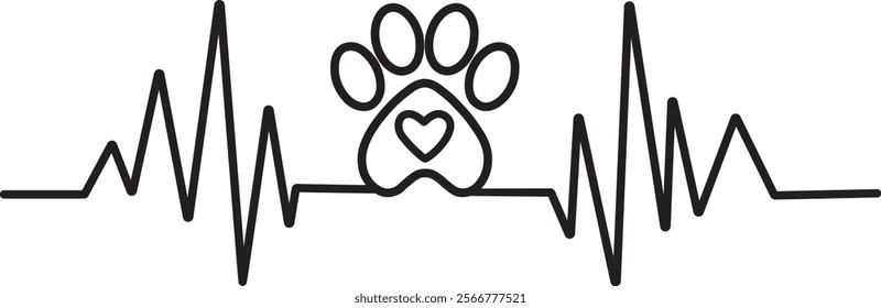 Pet lover heartbeat with paw print and hearts symbolizing cat and dog love