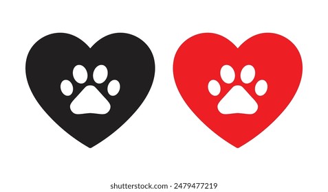 Pet lover icon set pow or animal footprint in heart symbol in black and red color. Heart with dog, cat footprint set. Animal pow in heart icon.  Heart paw icon vector set.