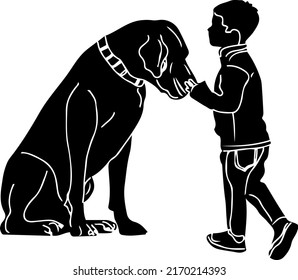 Pet lover kid logo, young boy playing with his pet dog vector, sketch drawing of boy playing with his dog