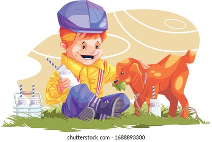 Pet Lover/ Little Kid loving Goat/Feeding a Pet vector illustration isolated on white background
