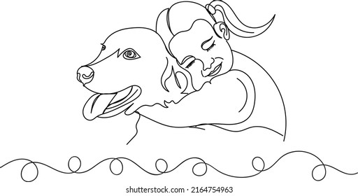 Pet lover logo, Pet lover kid vector, sketch drawing of kid girl holding her pet with love, line art silhouette of girl with dog pet