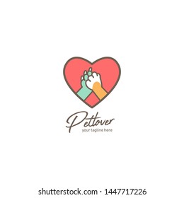 Pet Lover Logo, Pet Shop Or Shelter Logo With Dog And Cat Paw Hi Five Inside Love Amour Icon