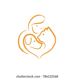 Pet lover. People, Cat and Dog.Pet care logo. illustration women hug dog and cat, heart pet