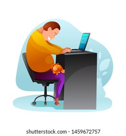 Pet lover routine flat vector illustration. Smiling busy man sitting in chair cartoon character. Guy working with laptop, cat sleeping on owners lap. Home rest, pastime with domestic animal