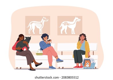 Pet Lovers with Animals Waiting in Veterinary Clinic Queue Sit on Chairs in Hospital Interior with Pets. Female Characters with Dog, Cat and Rat Visit Vet Clinic. Cartoon People Vector Illustration