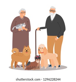 Pet lovers. Old happy petlover couple with dogs and cat vector illustration, animal friends characters