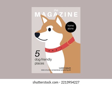 A pet magazine cover, a close up shiba inu portrait wearing a red collar