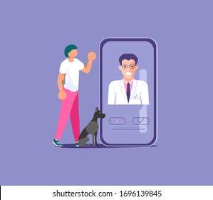 Pet male owner with dog have online consultation with veterinarian. Veterinary doctor appointment by mobile app. Isolated on purple. Flat Art Vector Illustration